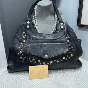 Patricia Nash Ergo Black Studded Pebbled Leather Large Satchel Tote